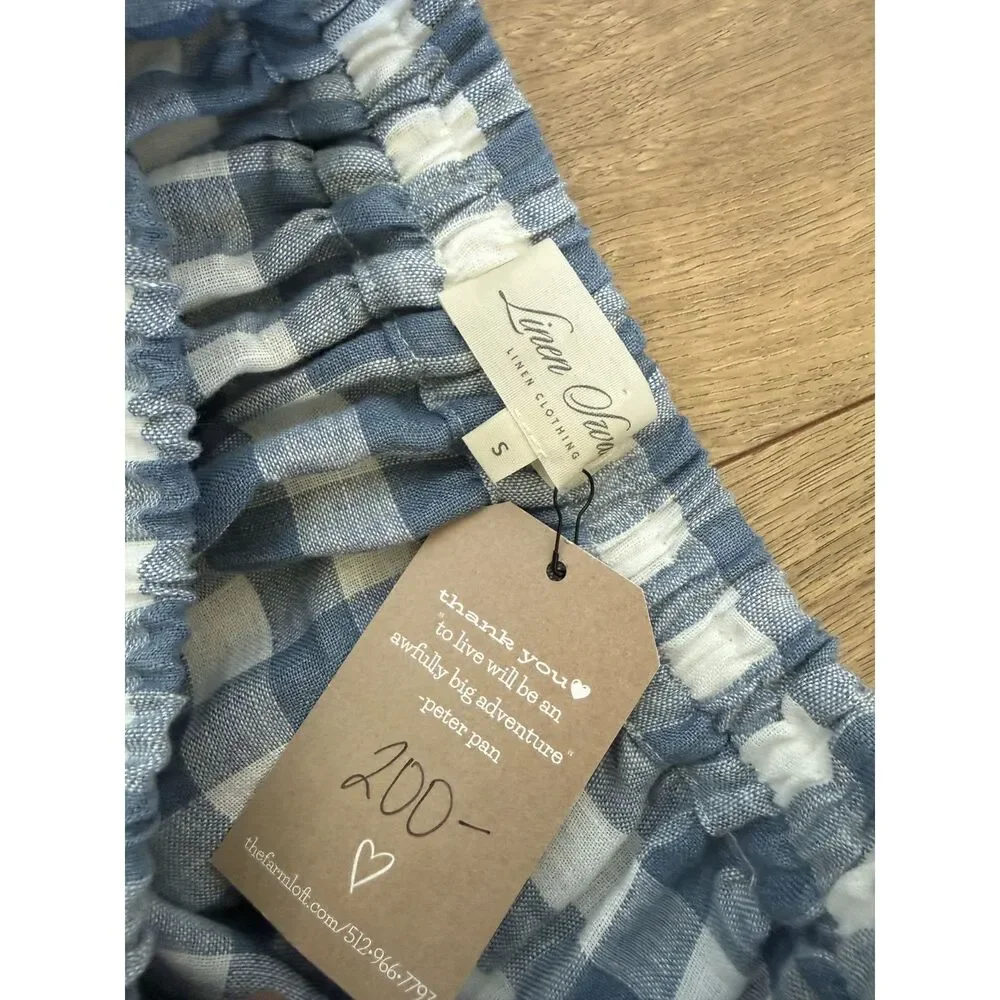 LINEN SWAN NWT 6 lagenlook Linen plaid midi blue checkered skirt natural fiber